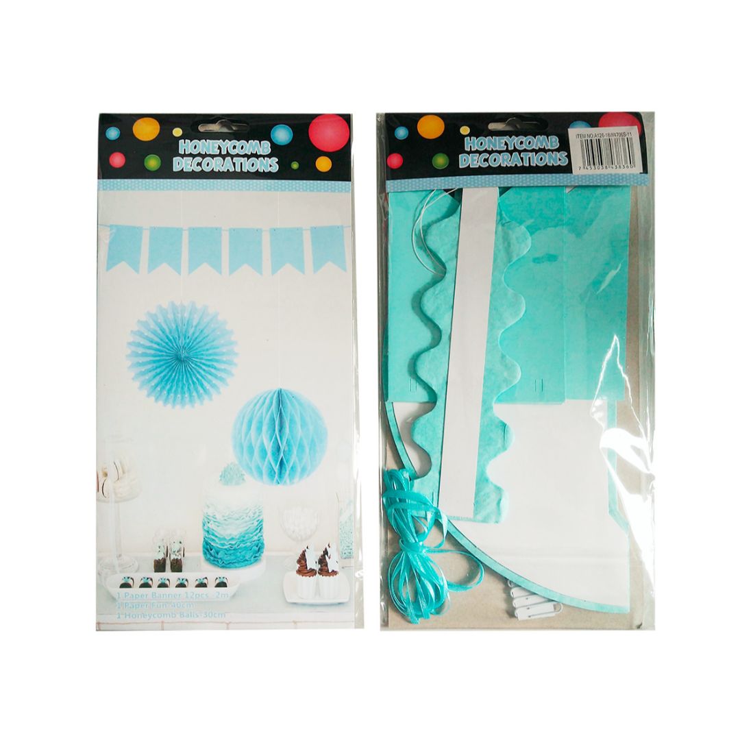 SET DE DECORACION BANNER, PANAL Y BOLA DE PAPEL CELESTE (F. 60 SET)