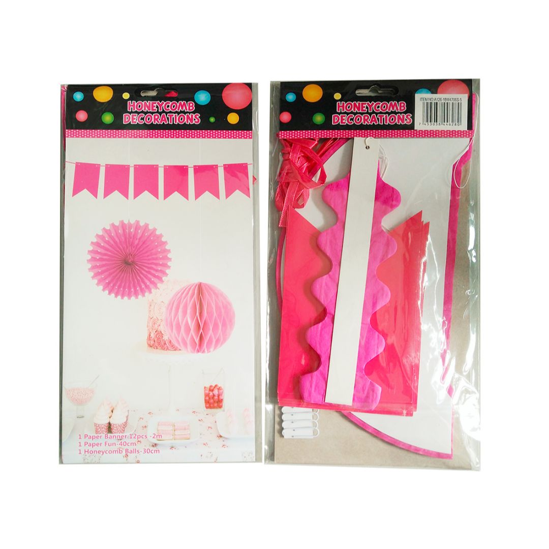 SET DE DECORACION BANNER, PANAL Y BOLA DE PAPEL FUCSIA (F. 60 SET)