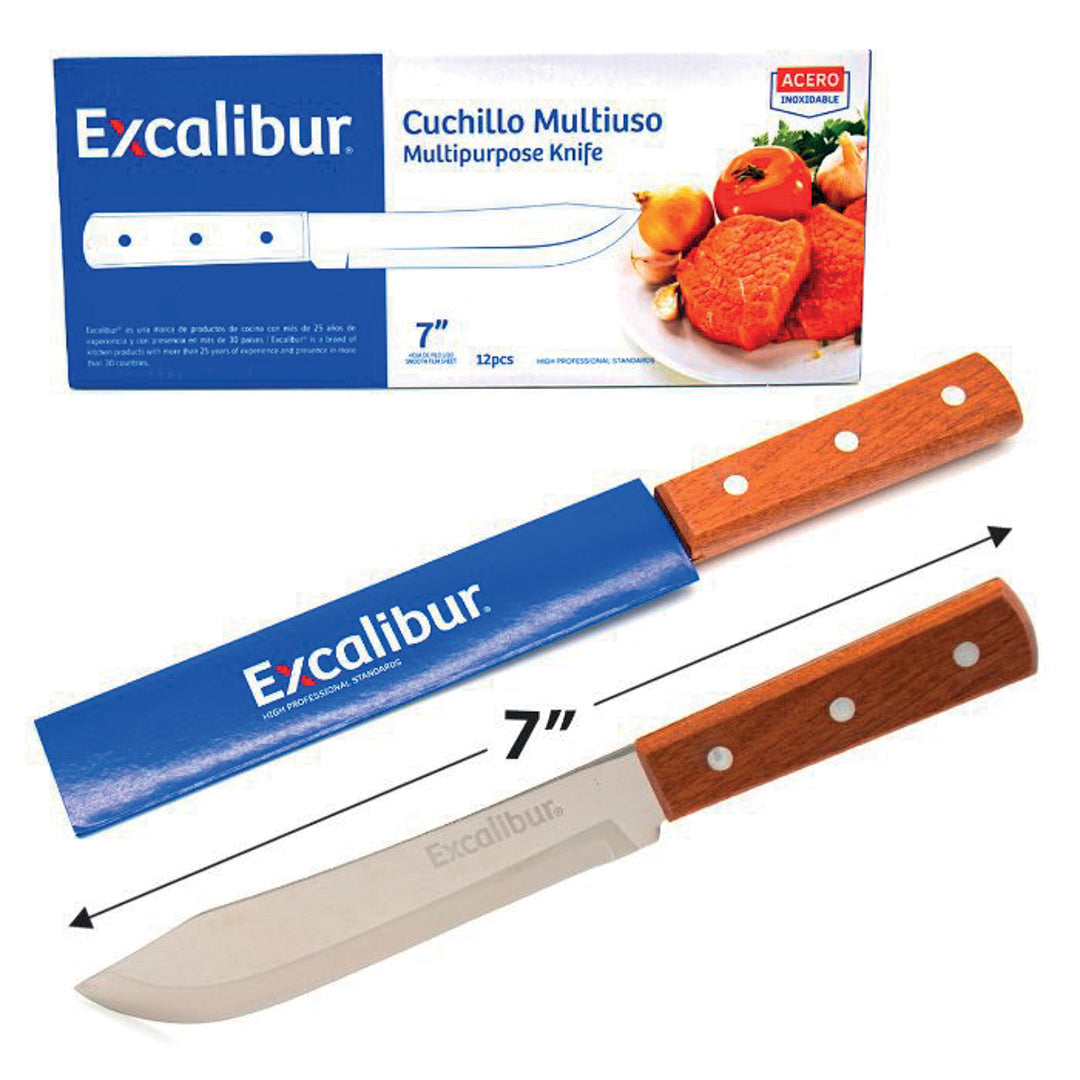 CUCHILLO MULTIUSO EXCALIBUR CACHA DE MADERA 7" (F. 144 PZAS)