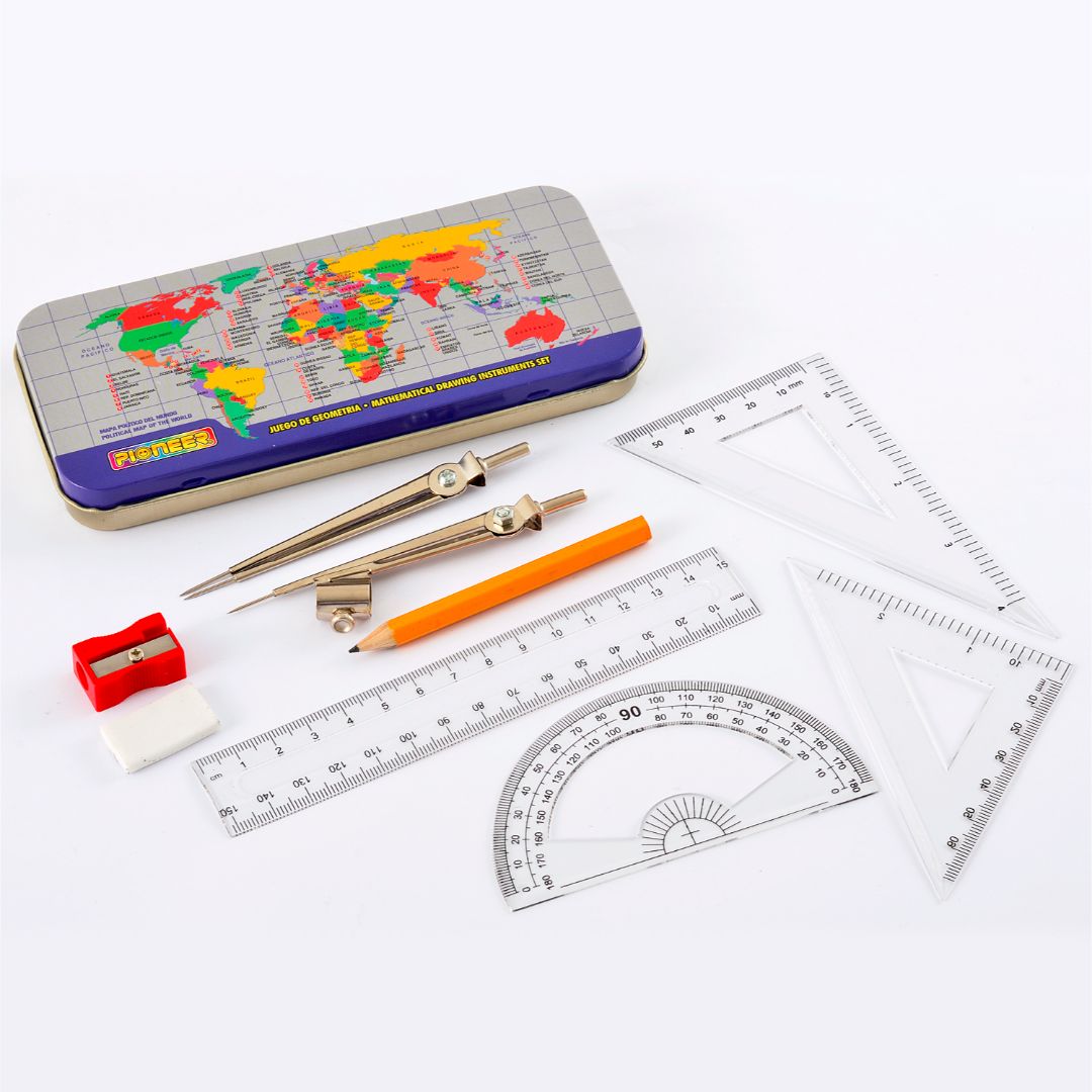 JUEGO GEOMETRICO POINTER C/2COMPAS CAJA METALICA DIS. MAPA (F. 144 SETS)