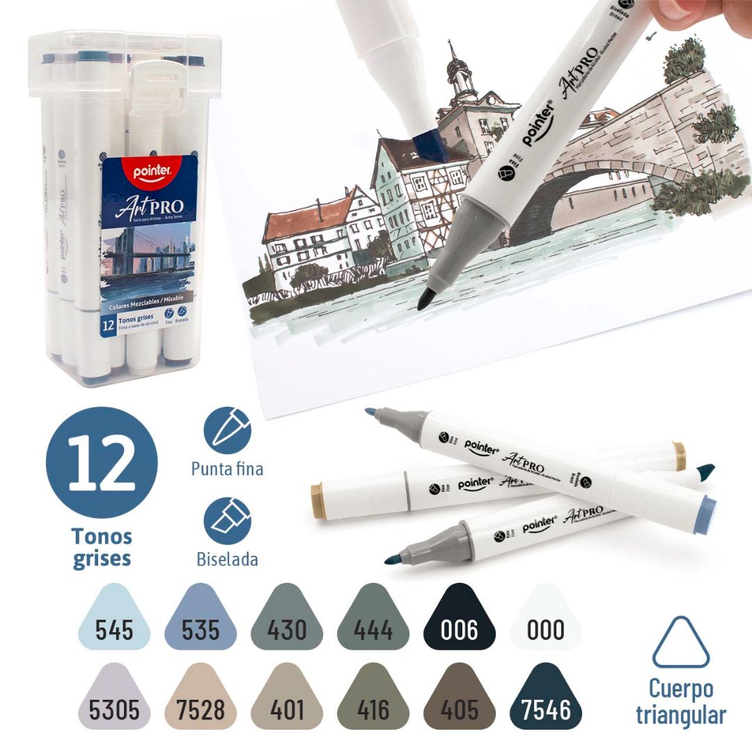 MARCADORES EN ESTUCHE POINTER DOB. PUNTA 12 TONOS GRISES (F. 48 BOX)