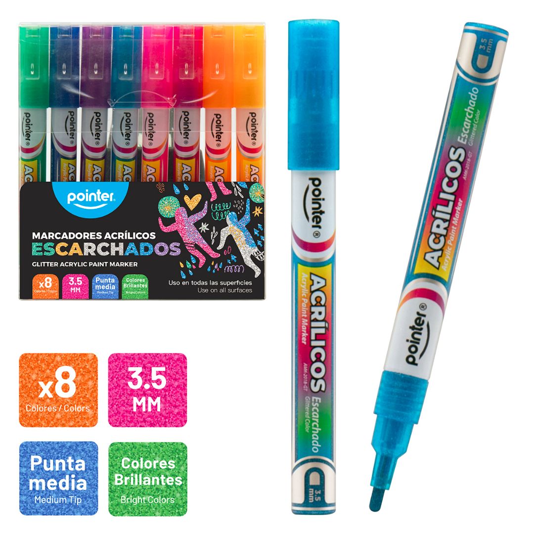 MARCADORES ACRILICOS POINTER ESCARCHADOS 8 COL. 3.5MM (F. 72 SETS)
