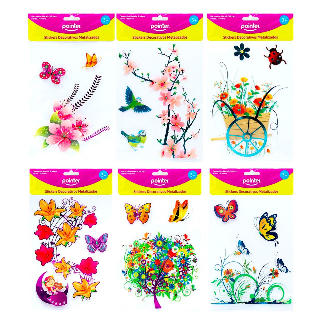 STICKERS POINTER METALIZADOS FLORES/MARIPOSAS 6 DIS. (F. 144 PZAS)