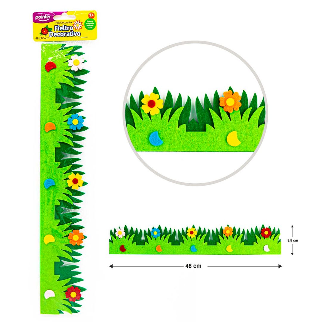 FIGURA DE FIELTRO POINTER CESPED CON FLORES 48X8.5CM (F. 120 PZAS)
