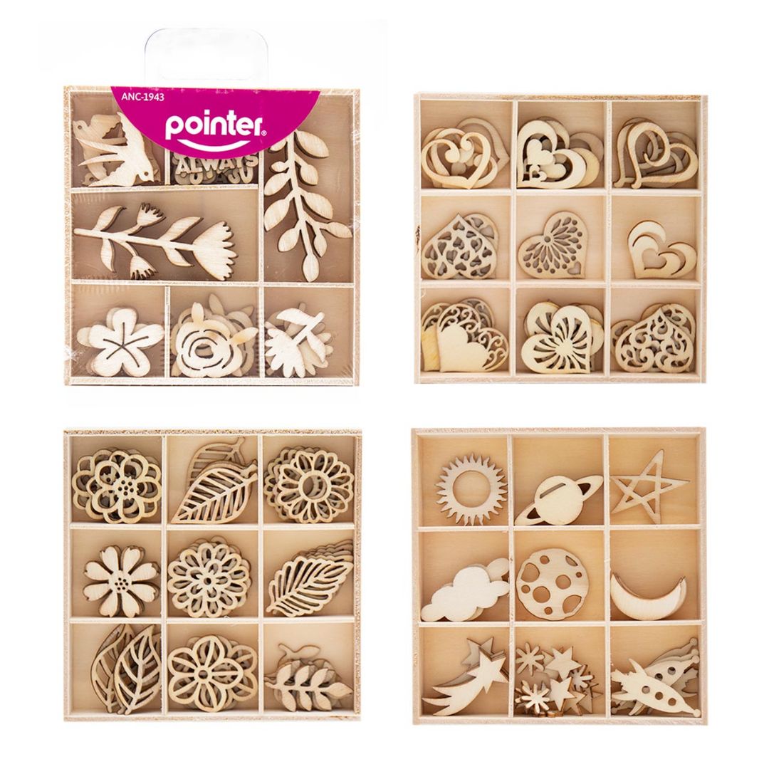FIGURAS DE MADERA POINTER SIST SOLAR, HOJAS, FLORES, CORAZ. (F. 144 SETS)