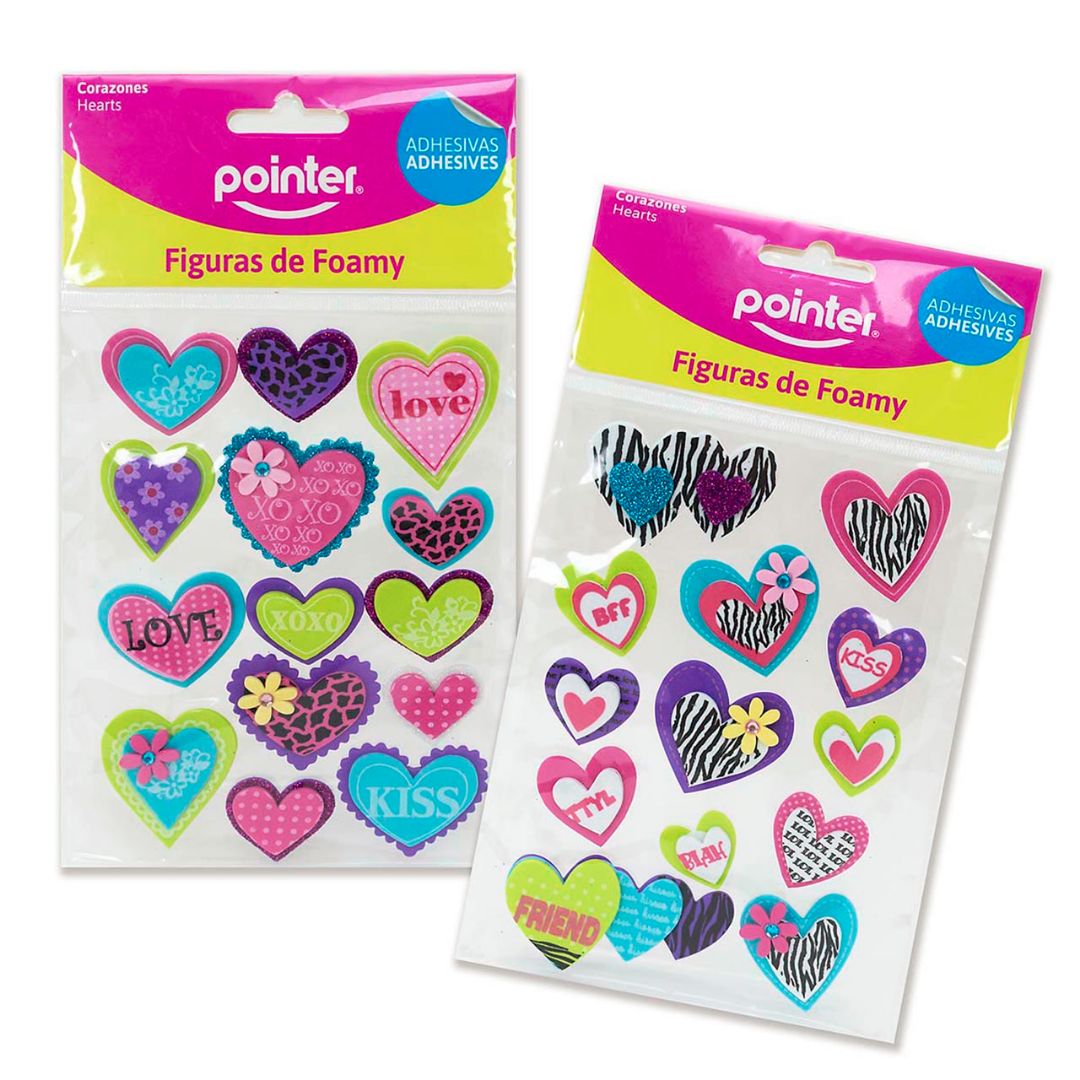 FIGURAS DE FOAMY POINTER ADHESIVAS CORAZONES C/DISEÑOS 2 ESTILOS (F. 144 SETS)