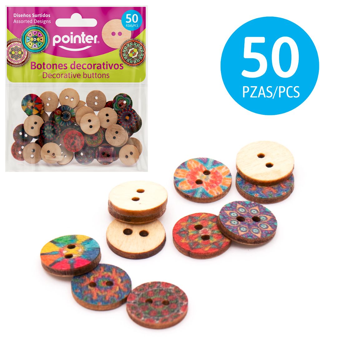 BOTONES DE MADERA POINTER CON DISEÑOS BX50 (F. 288 SETS)