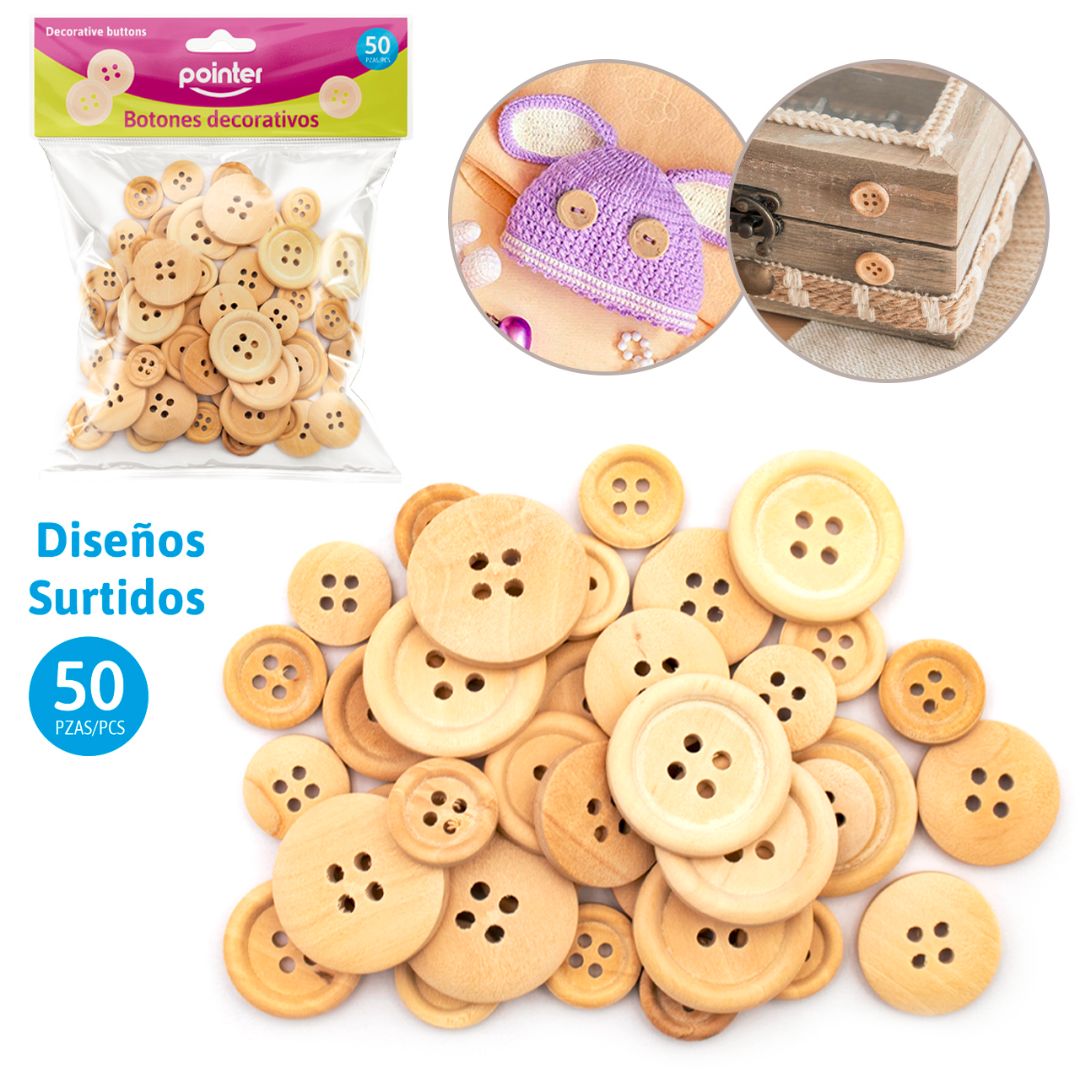BOTONES DE MADERA POINTER NATURAL BX50 (F. 144 SETS)