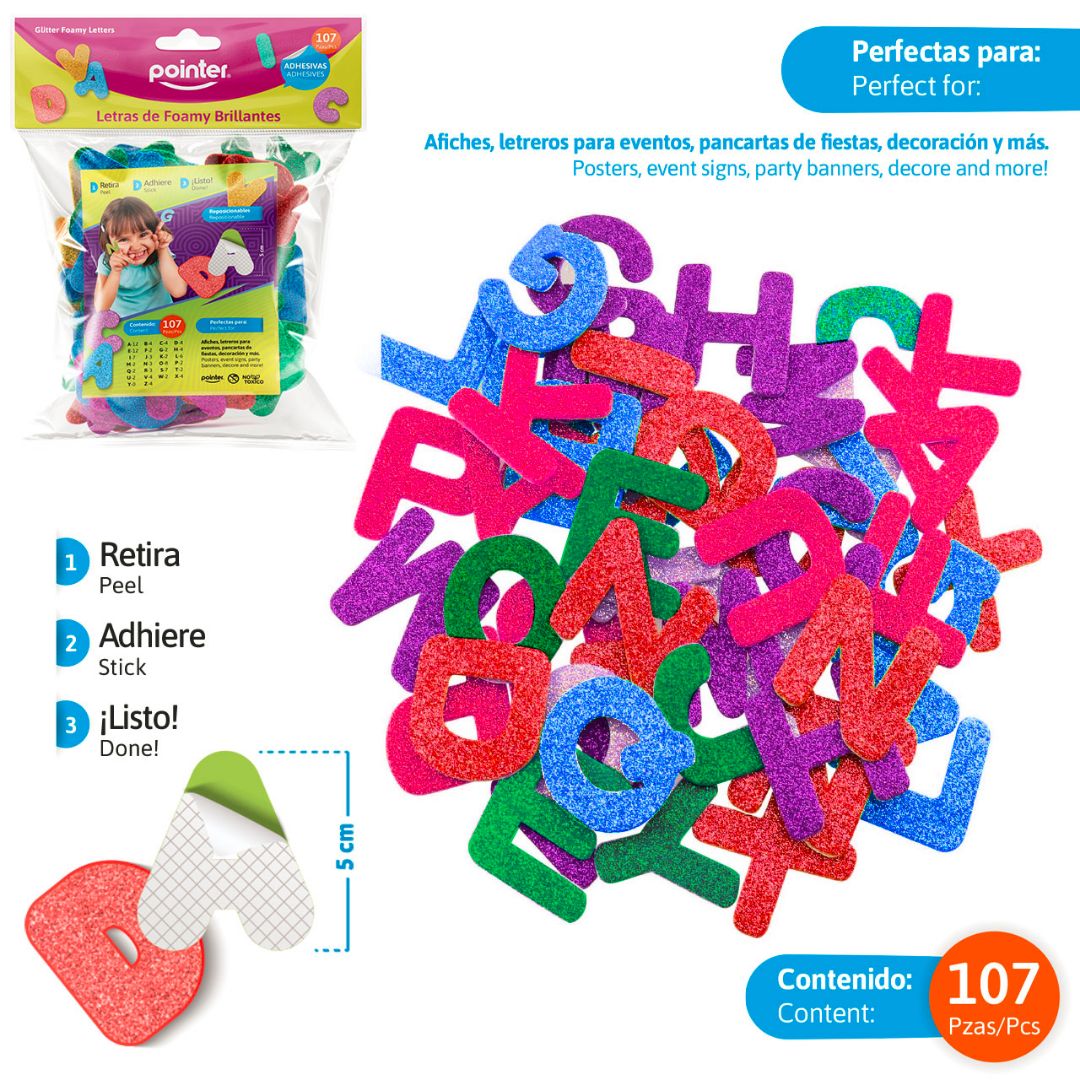 LETRAS DE FOAMY POINTER ADHESIVAS C/ESCARCHA BX107 D/COLORES 5CM (F. 144 SETS)
