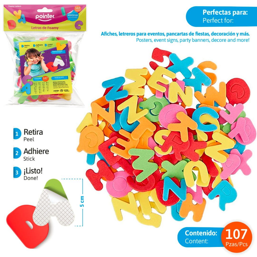 LETRAS DE FOAMY POINTER ADHESIVAS BX107 DE COLORES 5CM (F. 144 SETS)