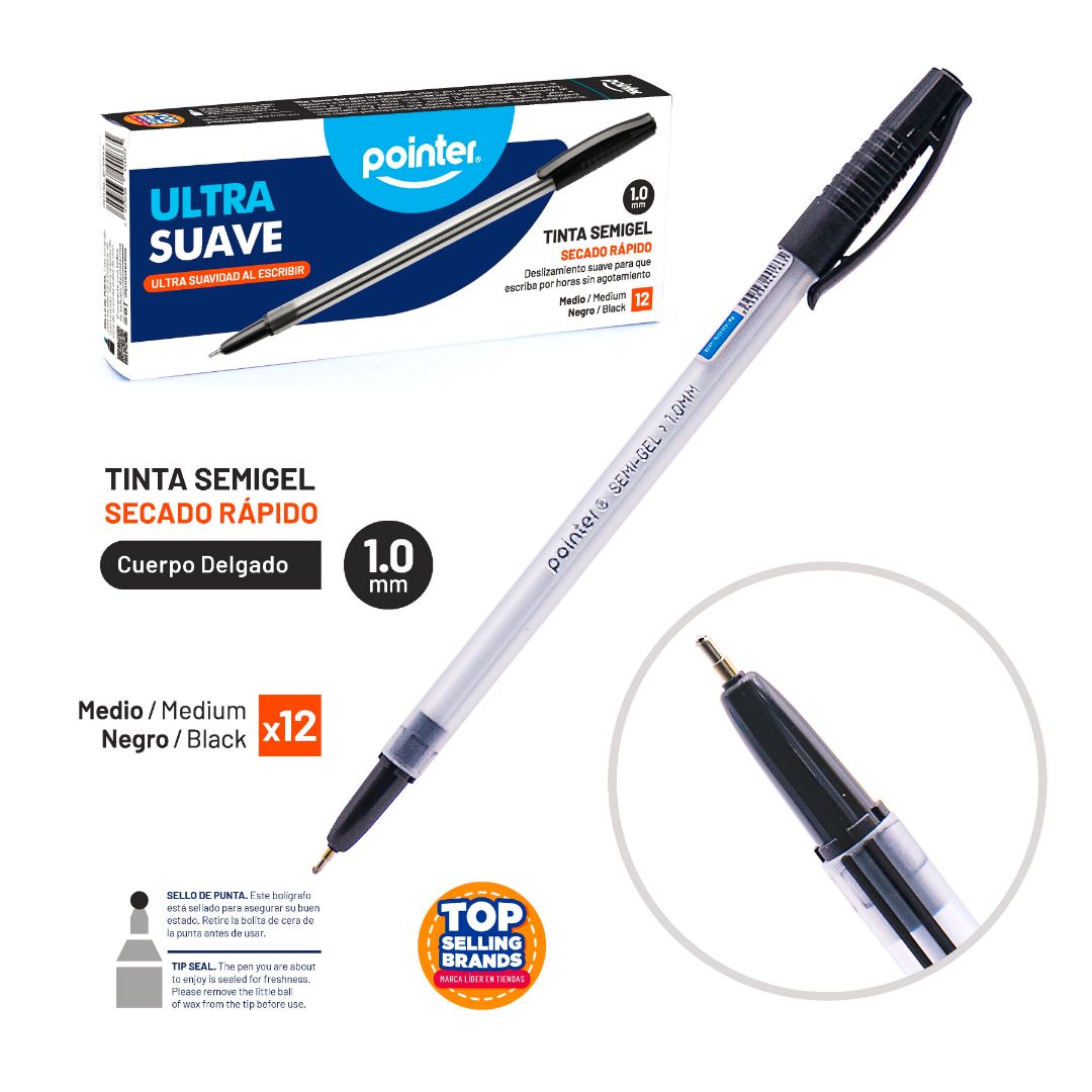 BOLIGRAFO POINTER SEMIGEL ULTRASUAVE CX12 NEGRO 1.0MM (F. 96 DOC)