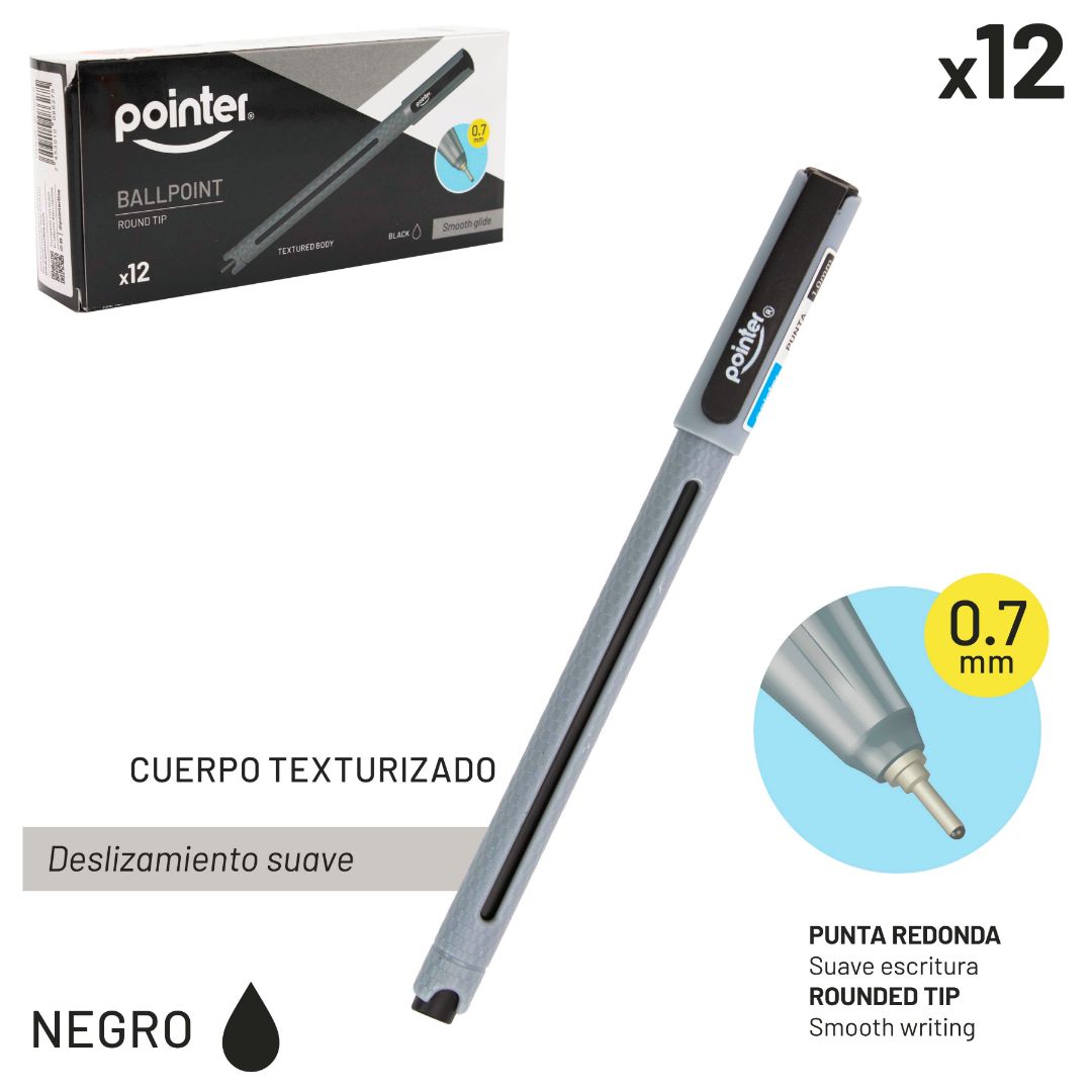 BOLIGRAFO POINTER PUNTA REDONDA CUERPO TEXTURIZADO NEGRO 0.7MM (F. 96 DOC)