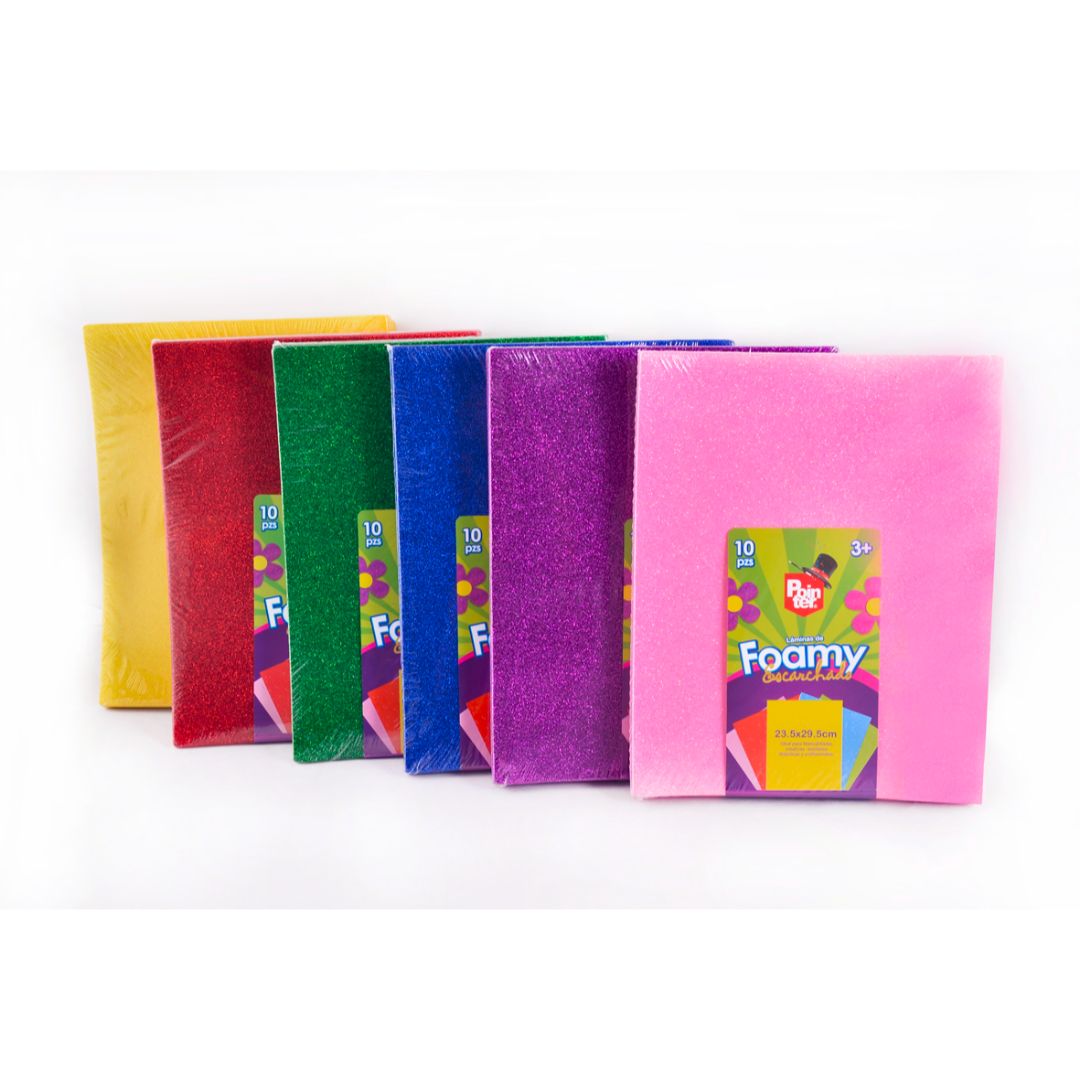 FOAMY C/ESCARCHA POINTER ADHESIVO 6 COL. PX10 23X29.5CM (F. 100 PAQ)