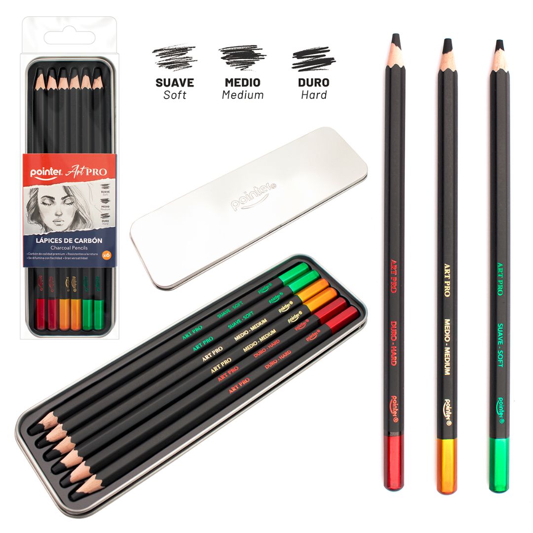 SET DE LAPICES POINTER DE CARBON ART PRO SUAVE/MEDIO/DURO 6PZAS (F. 144 SETS)