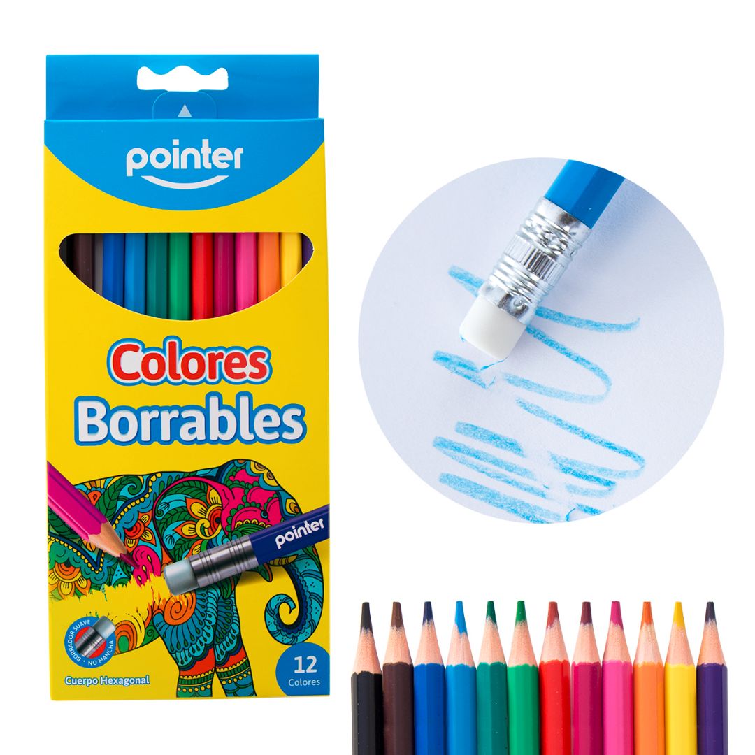 CRAYON DE MADERA POINTER LARGO BORRABLE 12 COL. (F. 144 SETS)
