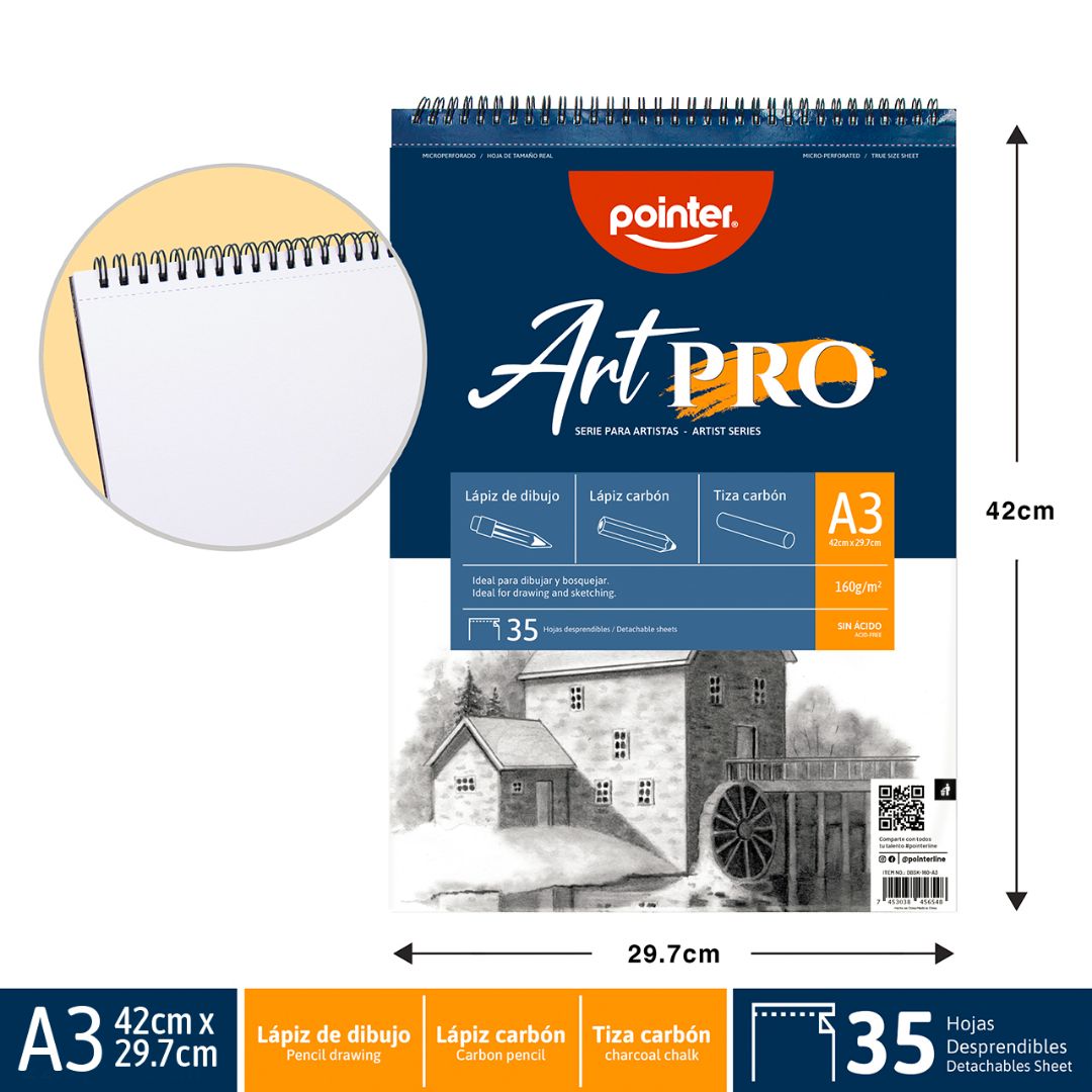 CUADERNO ART PRO POINTER C/ESPIRAL CARBONCILLO 35H. 160G A3 (F. 20 PZAS)
