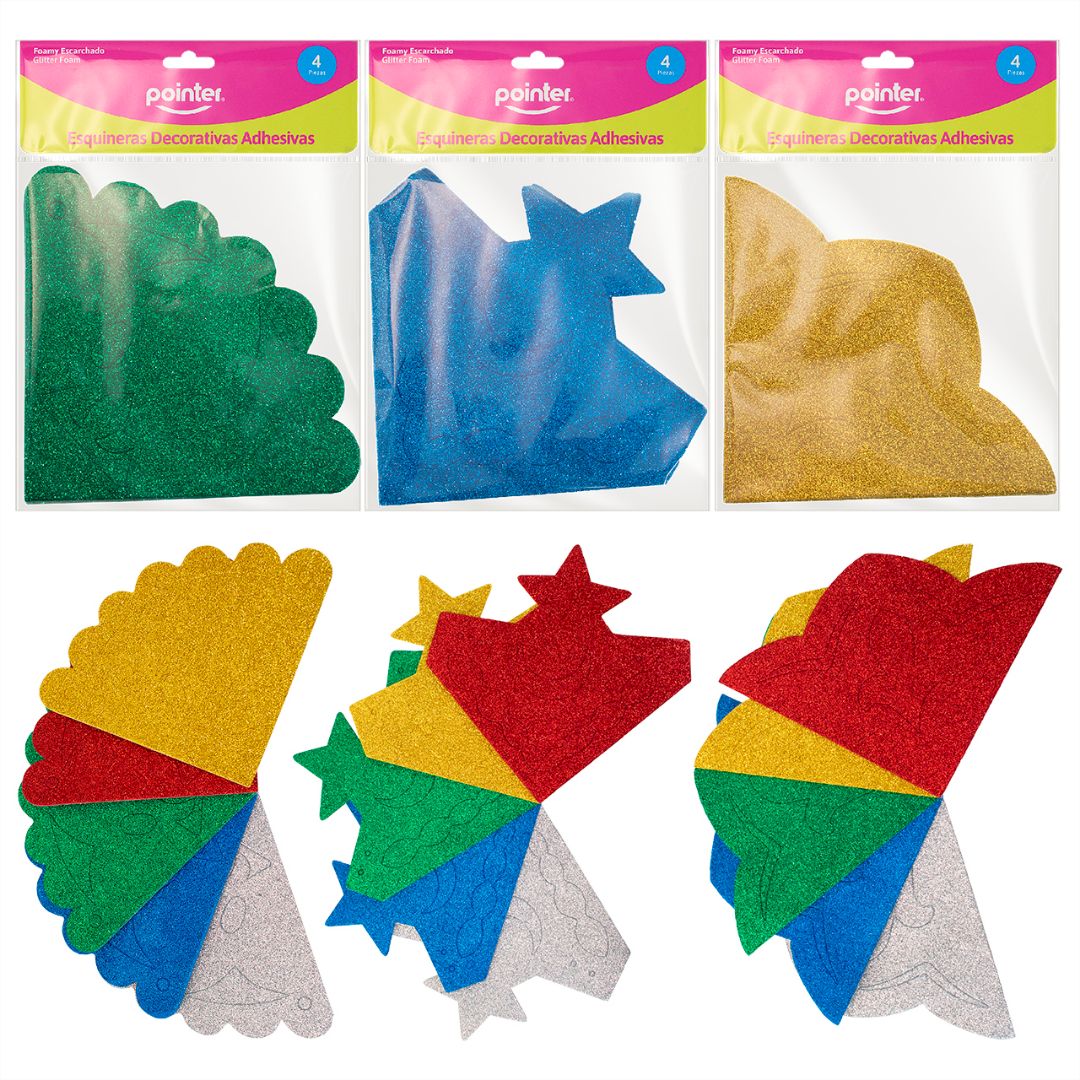ESQUINERAS POINTER DE FOAMY C/ESCARCHA ESTRELLAS Y LUNA 5 COL. (F. 96 SETS)