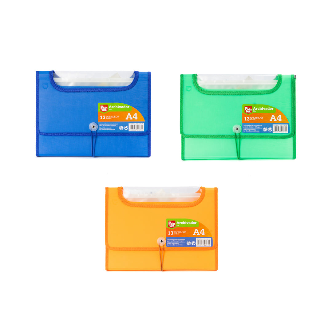 ARCHIVADOR POINTER 13 DIV. COL. VERDE/AZUL/NARANJA A4 (F. 36 UNI)