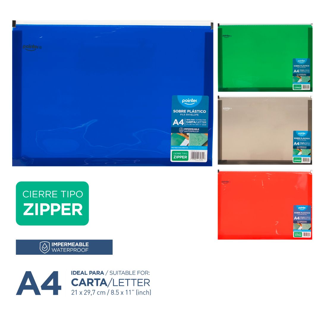 SOBRE PLASTICO POINTER CIERRE T/ZIPPER 4 COL. CARTA (F. 144 PZAS)