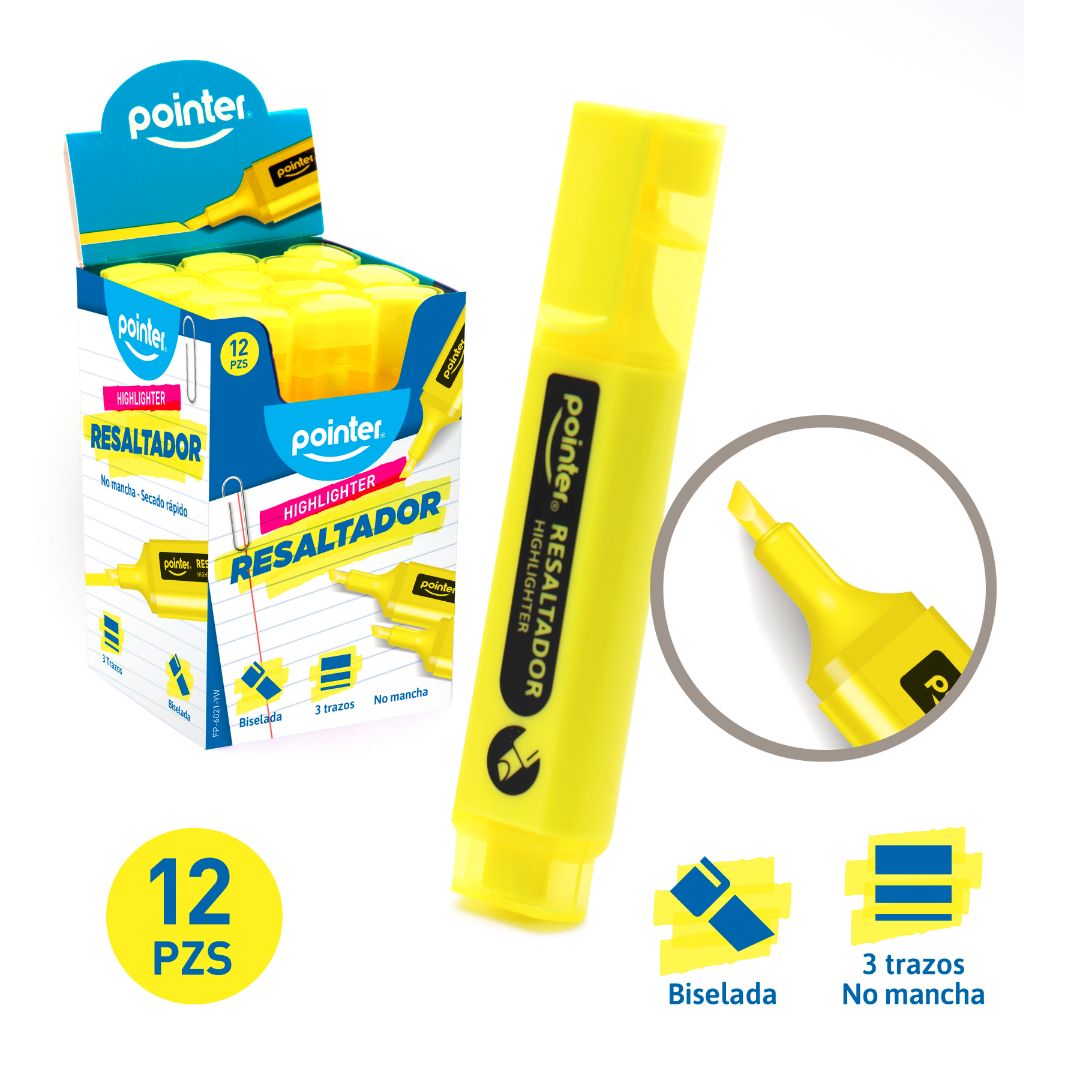RESALTADOR POINTER P/BISELADA AMARILLO 3 TRAZOS CX12 (F. 60 BOX)