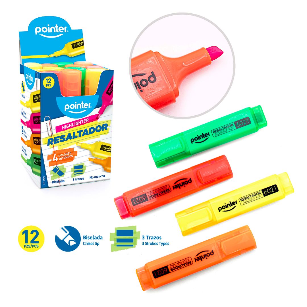 RESALTADOR POINTER 4 COL. NAR/VER/ROSA/AMAR CX12 (F. 60 DOC)