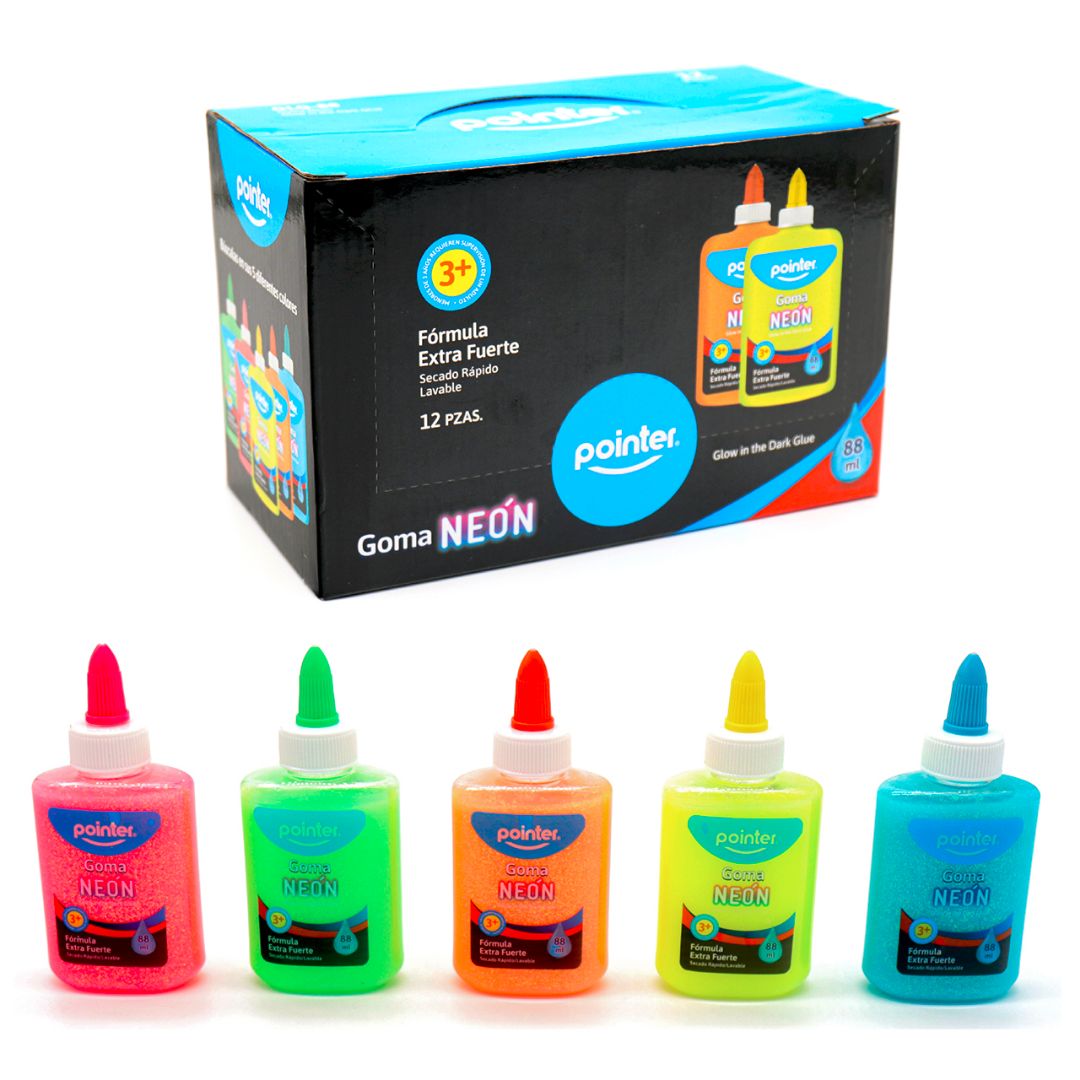 GOMA NEON C/ESCARCHA POINTER CX12 5 COL. 88ML/3ONZ (F. 144 PZA)