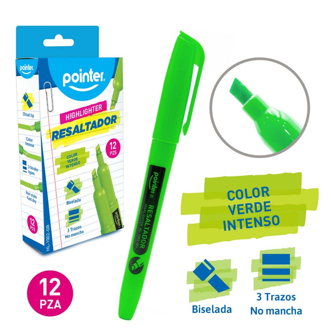 RESALTADOR POINTER REDONDO P/BISELADA VERDE 3 TRAZOS CX12 (F. 60 DOC)
