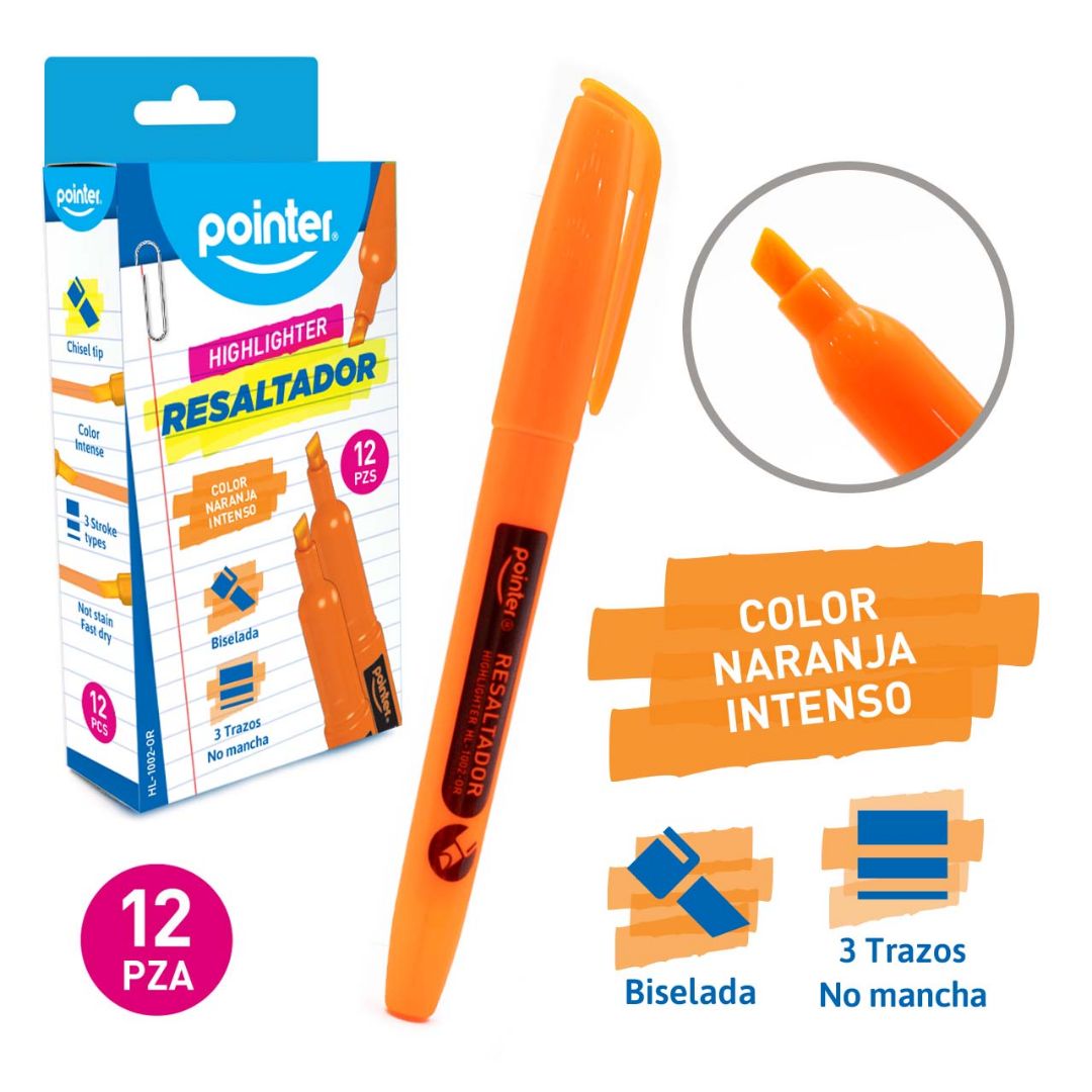 RESALTADOR POINTER REDONDO P/BISELADA NARANJA 3 TRAZOS CX12 (F. 60 DOC)