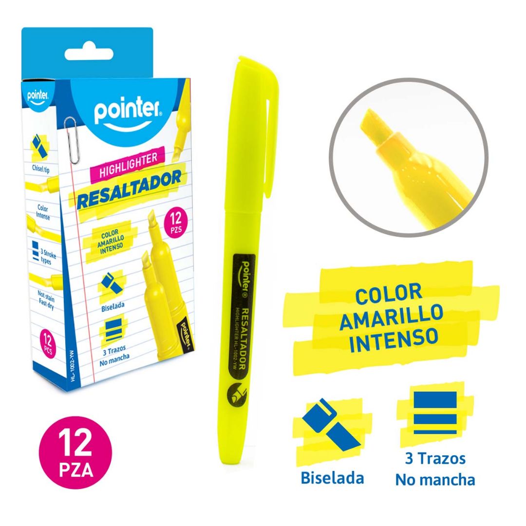 RESALTADOR POINTER REDONDO P/BISELADA AMARILLO 3 TRAZOS CX12 (F. 60 BOX)