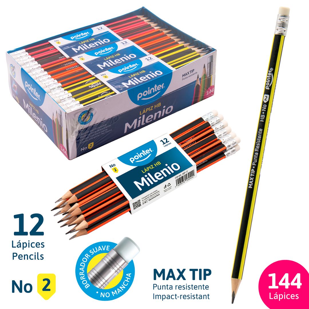 LAPIZ POINTER MILENIO RAYADO CX144 6 COL. 2HB (F. 20 GROS)