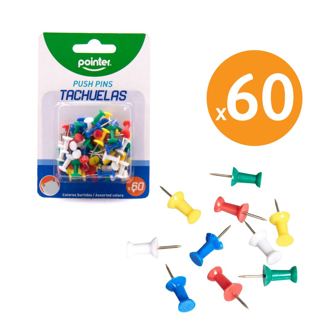 TACHUELAS POINTER PUSH PINS COL. SURTIDOS BLISTERX60 (F. 240 UNI)