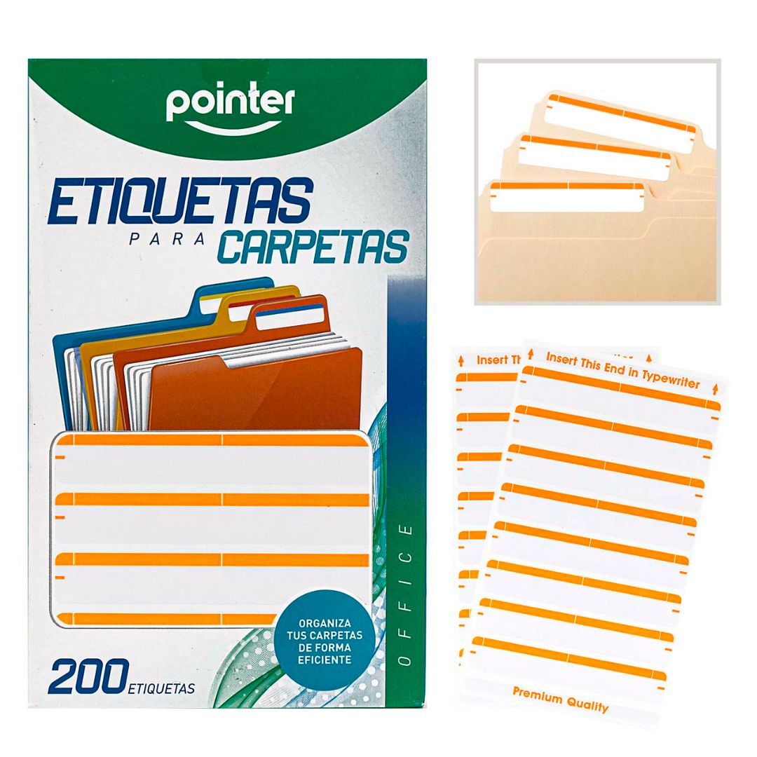 ETIQUETAS P/CARPETAS POINTER PX200 NARANJA 1/3"X9/16" (F. 50 SETS)