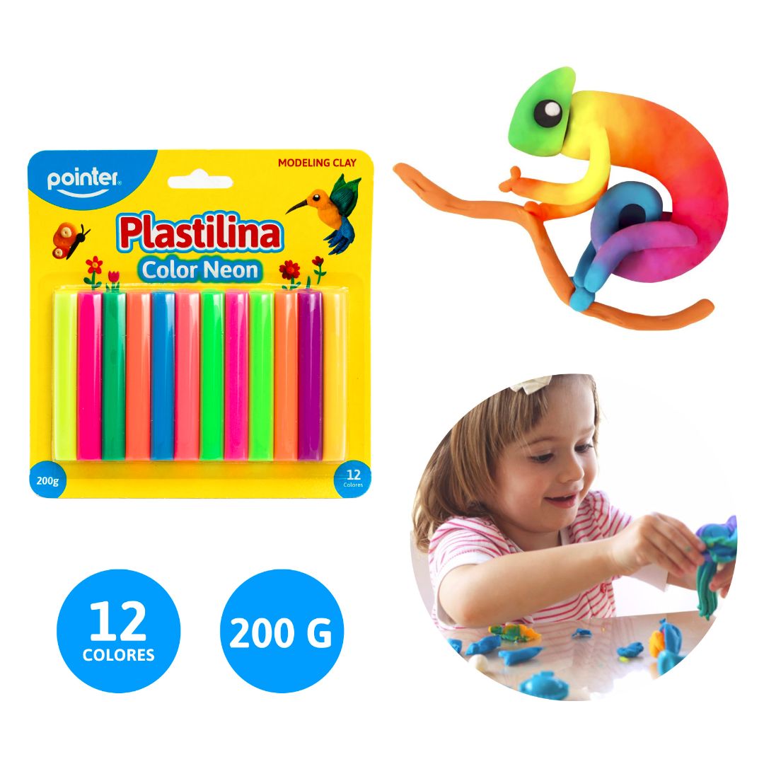 PLASTICINA POINTER 12 COLORES NEON 200G (F. 48 SETS)