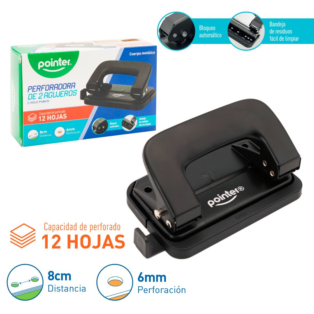 PERFORADORA POINTER 2 AGUJEROS 6MM P/12 HOJAS (F. 120 PZA)