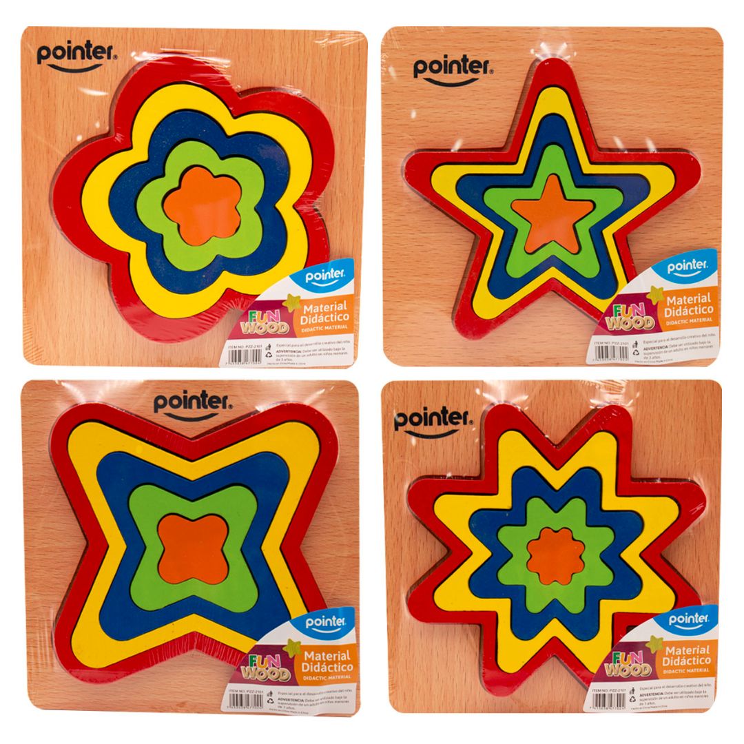 ROMPECABEZAS POINTER DE MADERA C/BASE FLOR/ESTRE. 5PZAS 4 DISEÑOS (F. 144 SETS)