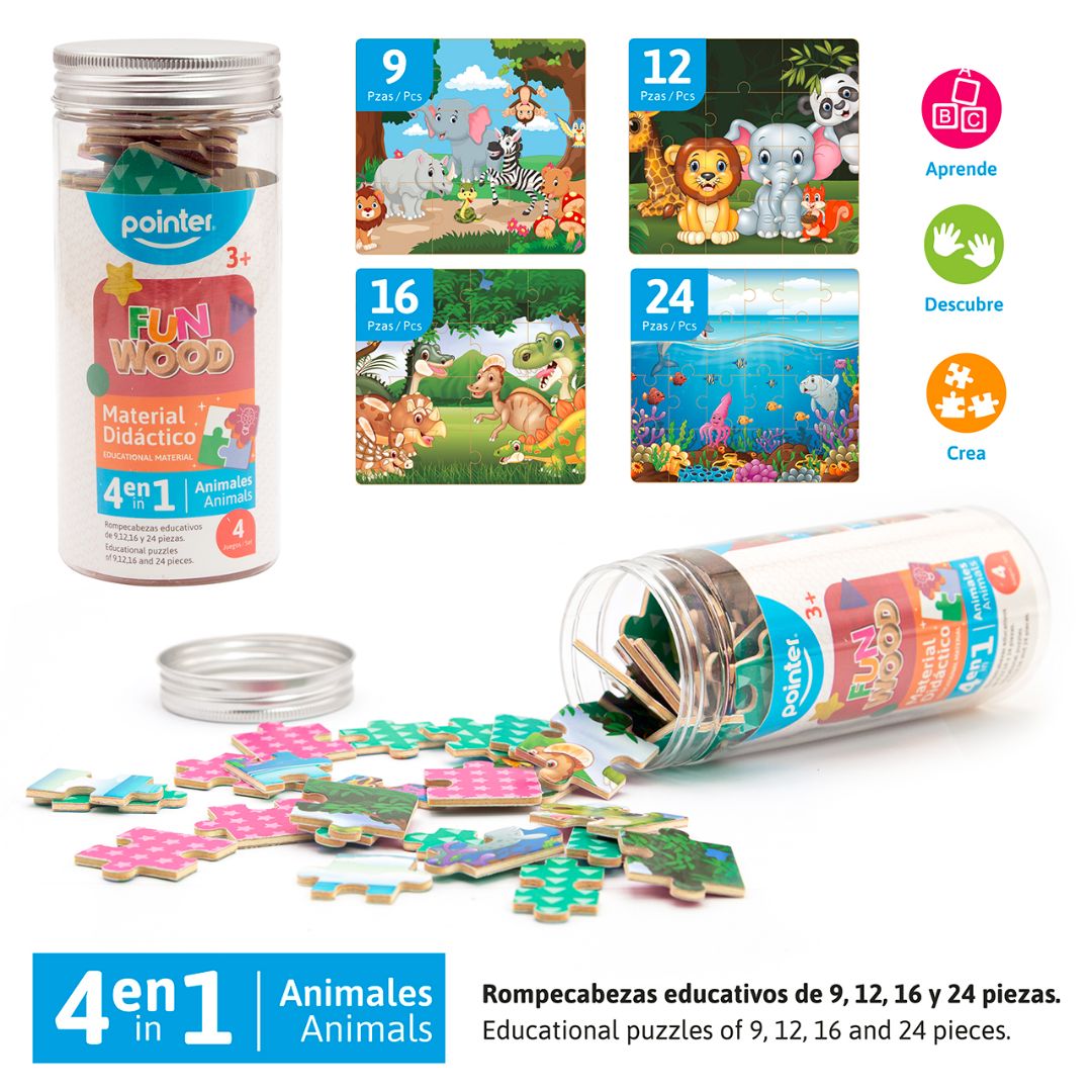 ROMPECABEZAS DIDACTICO POINTER EN BOTE 4 EN 1 ANIMALES (F. 96 SETS)