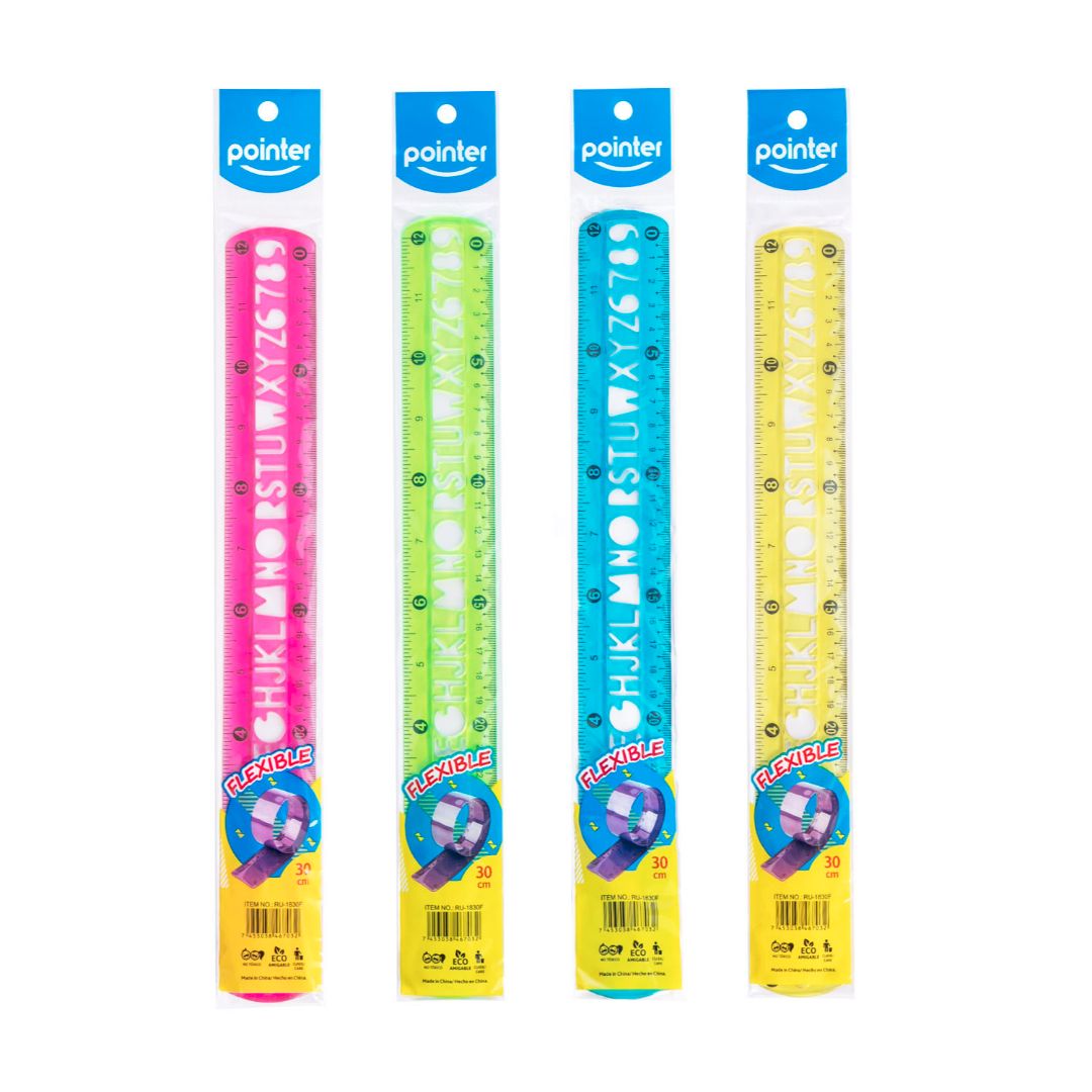 REGLA POINTER FLEXIBLE C/PLANTILLA LETRAS 4 COL. 30CM (F. 576 PZAS)