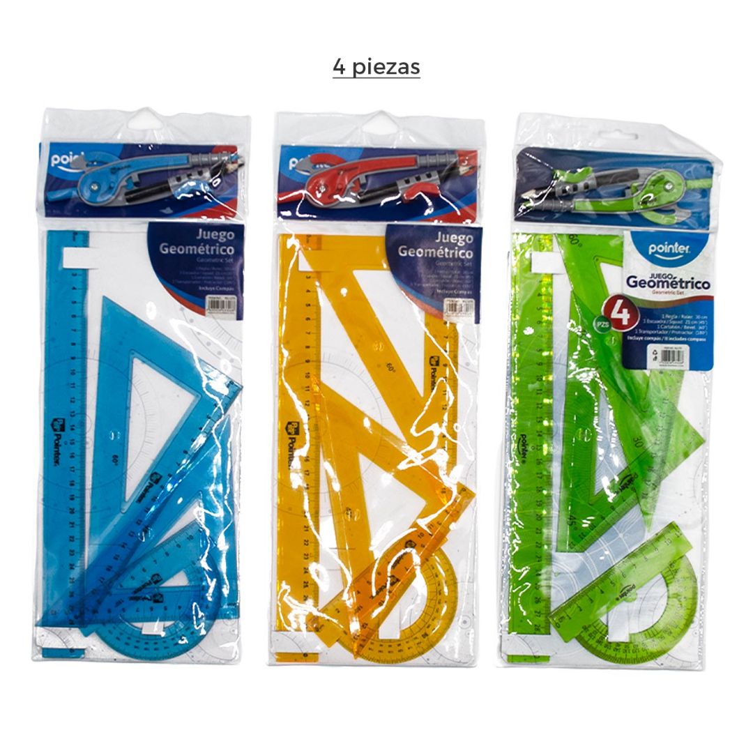 JUEGO GEOMETRICO POINTER GRANDE 3. COL. C/COMPAS (F. 180 SETS)