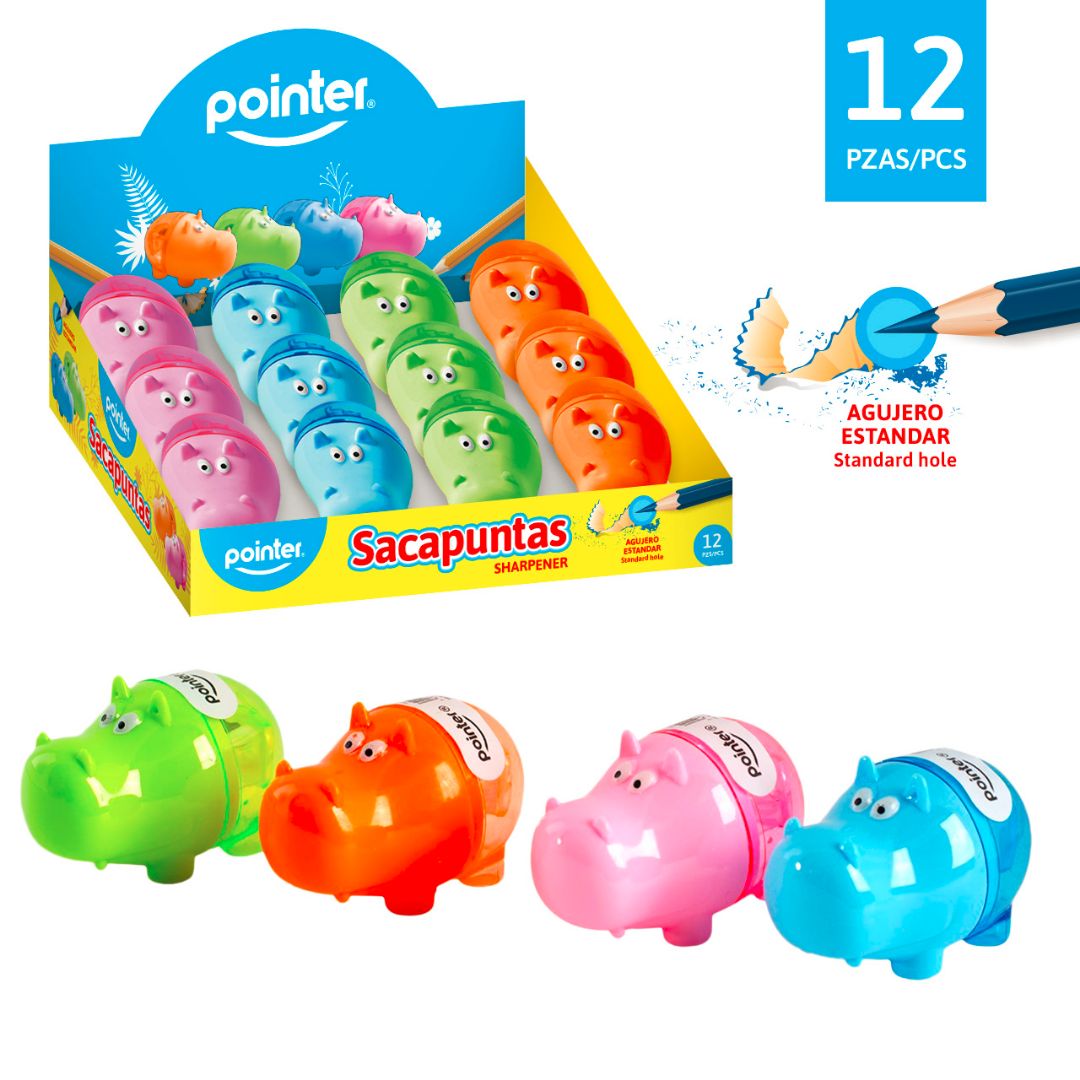 SACAPUNTAS POINTER HIPOPOTAMO C/DEPOSITO 4 COL. CX12 (F. 60 BOX)
