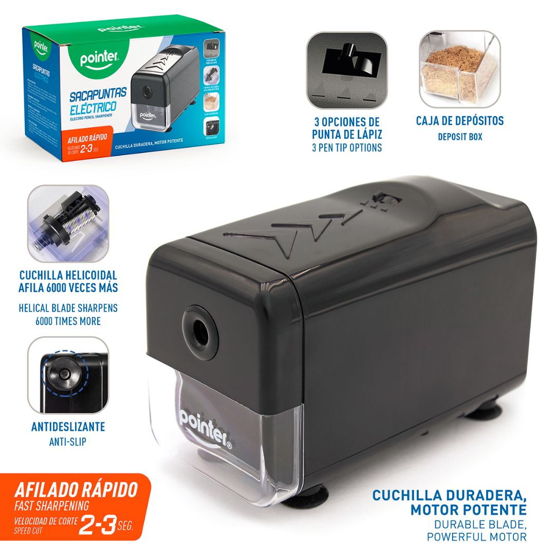 SACAPUNTA ELECTRICO POINTER NEGRO 3 OPCIONES DE PUNTA DE LAPIZ (F. 12 PZA)