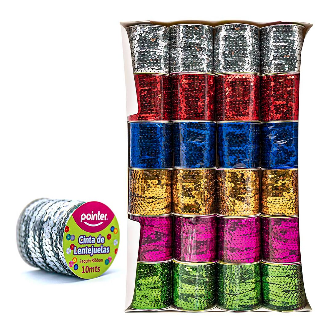 CINTA DE LENTEJUELA POINTER 6 COLORES ROLLO 10M (F. 144 UNI)