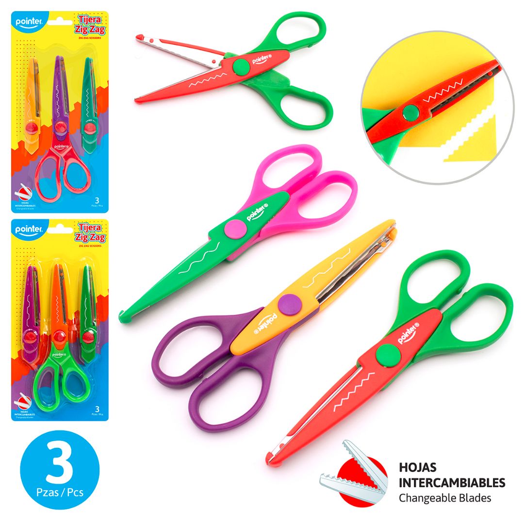 TIJERA POINTER ZIG ZAG 2 HOJAS INTERCAM. 2 DIS. 6.5" (F. 144 SETS)