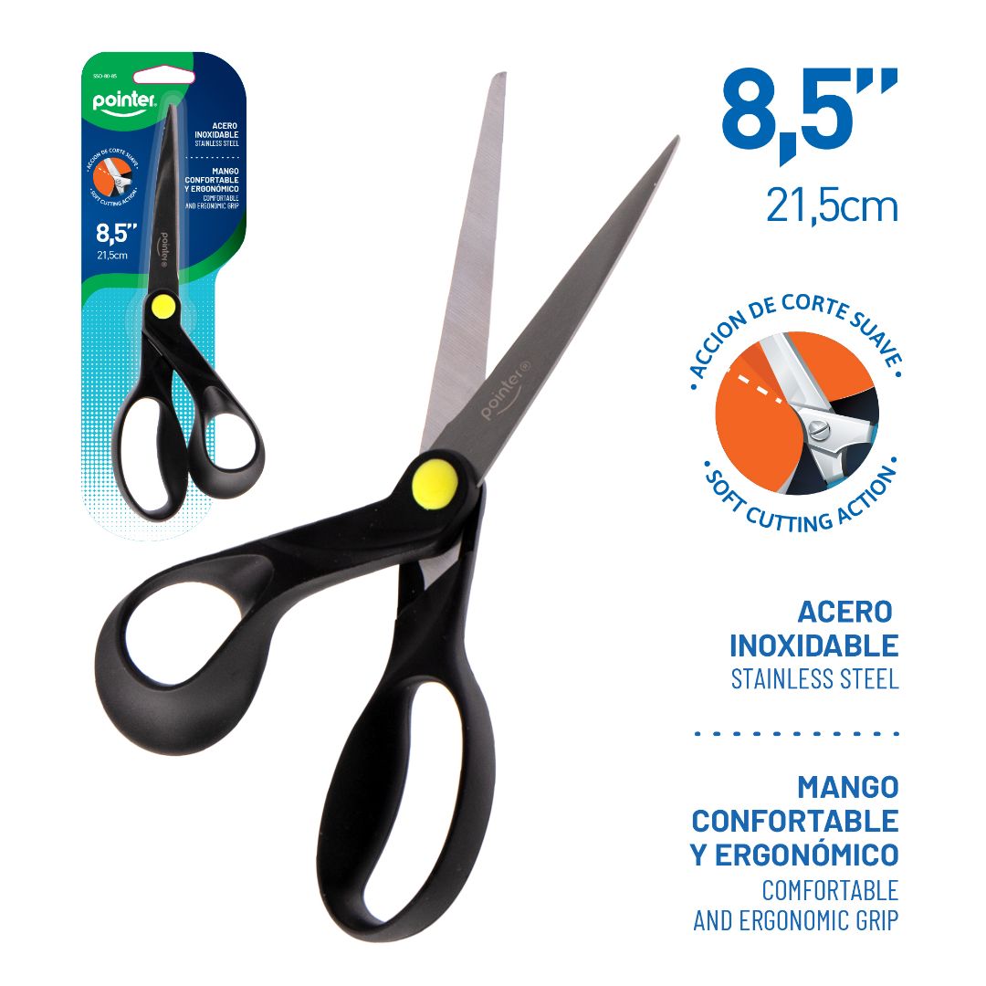TIJERA POINTER MANGO ERGONOMICO COLOR NEGRO 8.5" (F. 144 PZA)