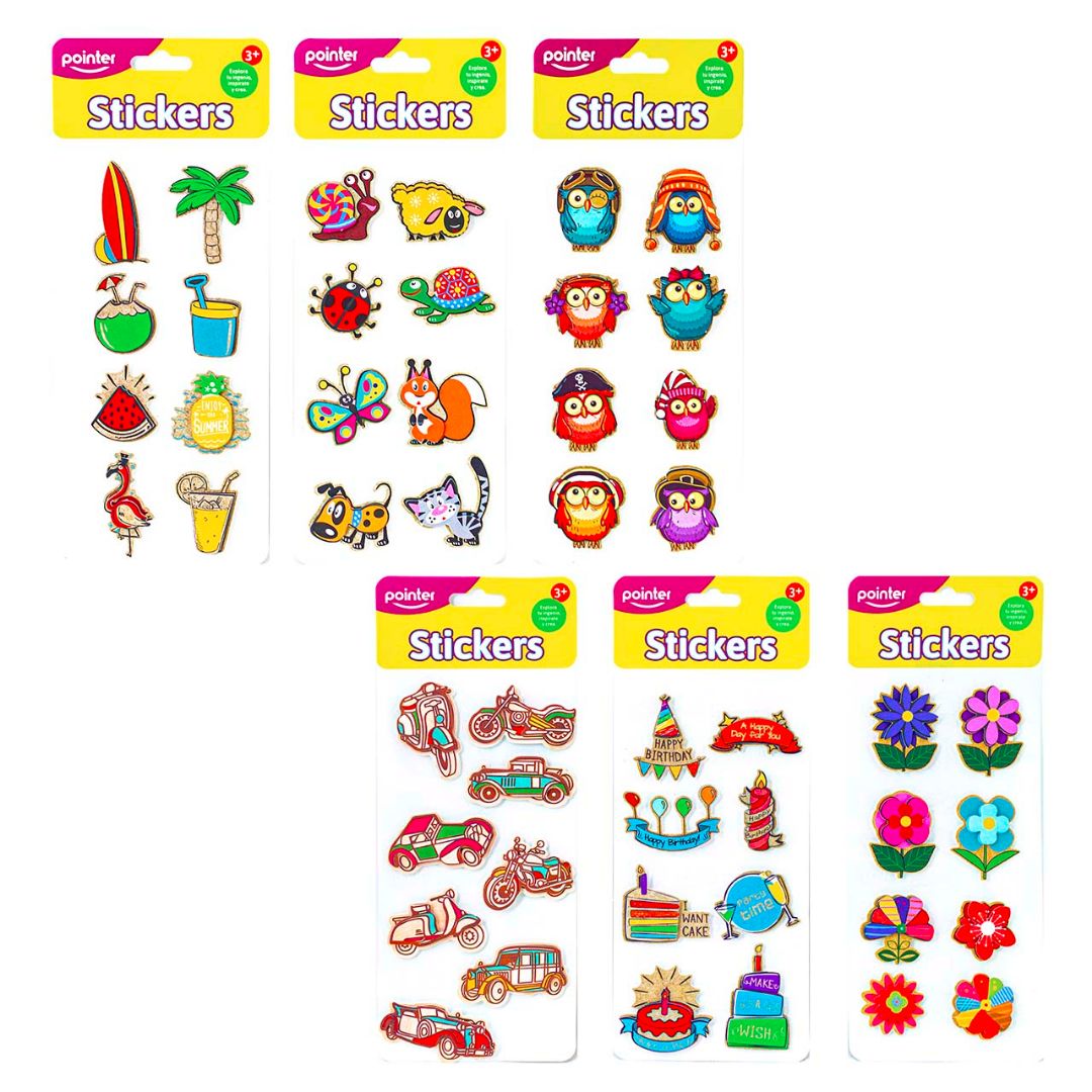 STICKERS POINTER ANIM/FLOR/BUHO/CUMPLE/PLAYA BX8 (F. 288 SETS)