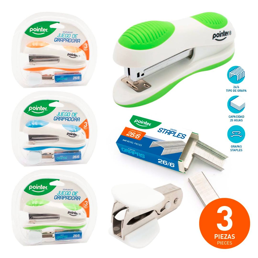 SET DE ENGRAPADORA POINTER C/SACRAPAGRAS Y GRAPAS 3 COL. (F. 72 SETS)