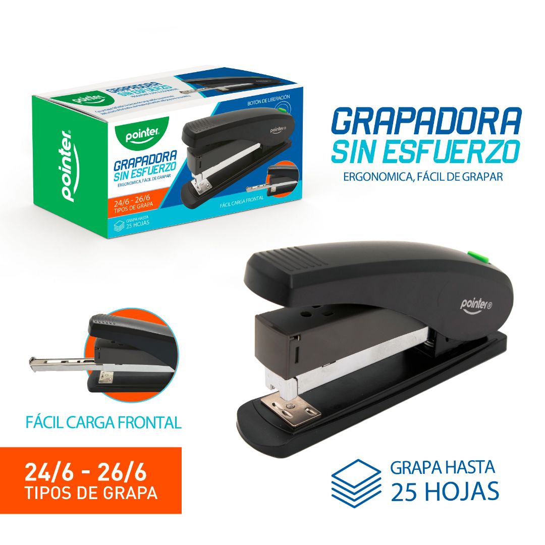 ENGRAPADORA POINTER SIN ESFUERZO 25H GRAPA 24/6 26/6 METAL. NEGRO (F. 36 PZA)