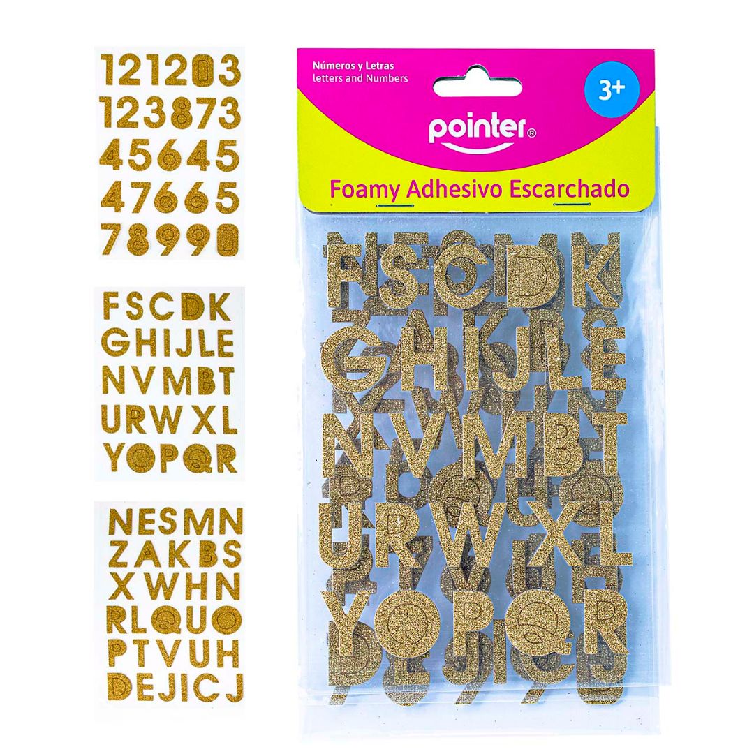STICKERS DE FOAMY POINTER ESCARCHADO DORADO NUMEROS Y LETRAS (F. 144 SETS)