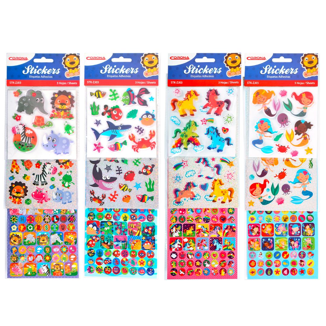 STICKERS CORONA DE ANIMALES/SIRENAS 3 HOJAS 4 DIS. (F. 288 SETS)