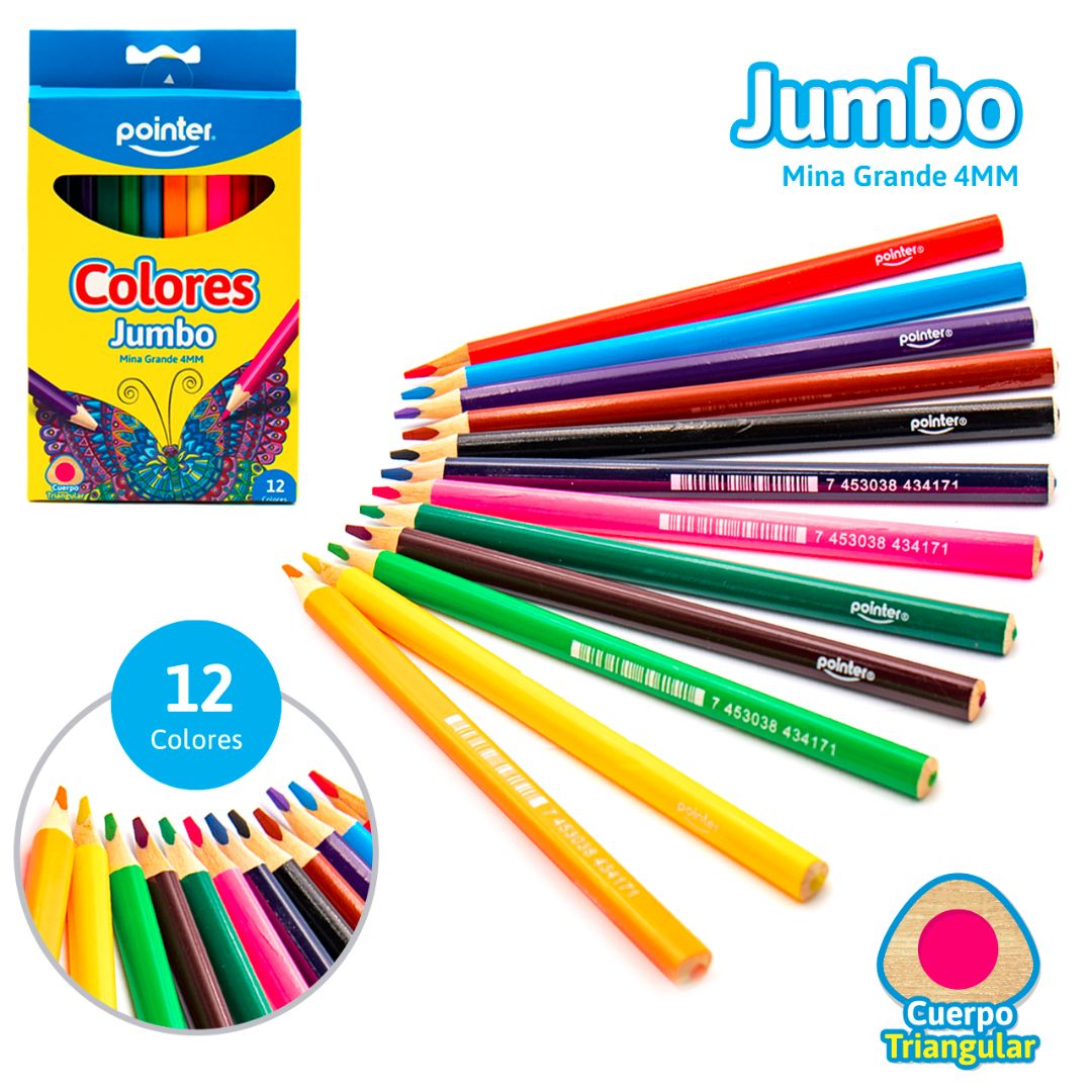 CRAYON DE MADERA POINTER JUMBO TRIANGULAR 12 COL. (F. 144 SETS)