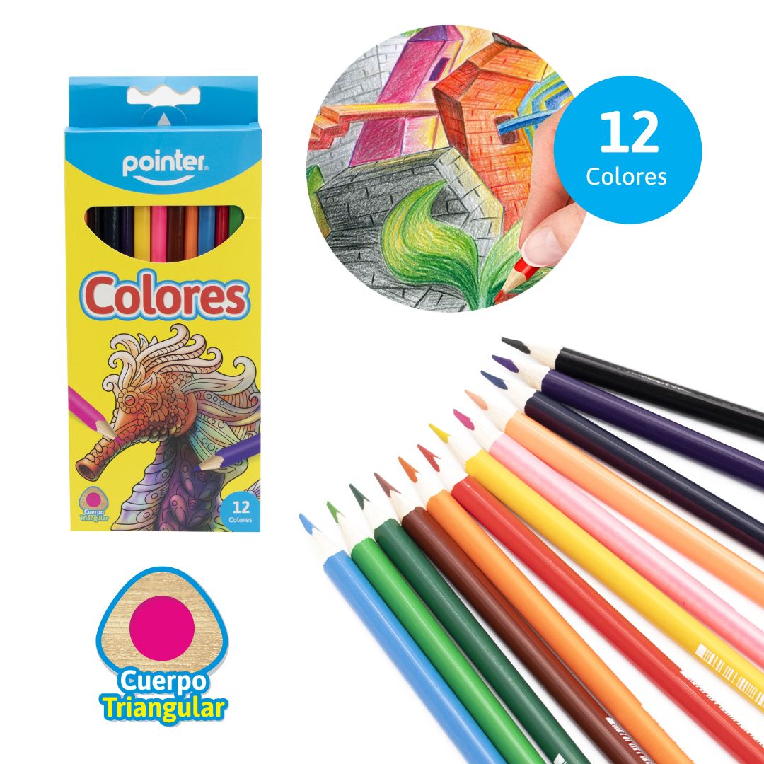 CRAYON DE MADERA POINTER TRIANGULAR 12 COL. (F. 240 UNI)